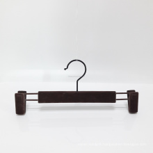 Plastic Velvet Pants Hanger with Round Hook in Brown Color